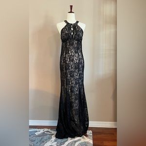 Nightway Women's Lace Keyhole Halter Gown Black, nude lining, size 10